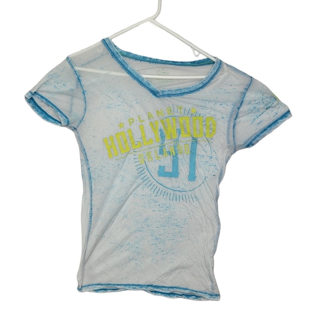 Planet Hollywood Shirt Women's Size Large Blue Yellow Lightweight Cotton Blend